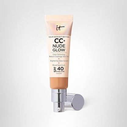 IT Cosmetics CC+ Nude Glow (Neutral Tan) – Medium Coverage Foundation with SPF 40 & Brightening Glow Serum