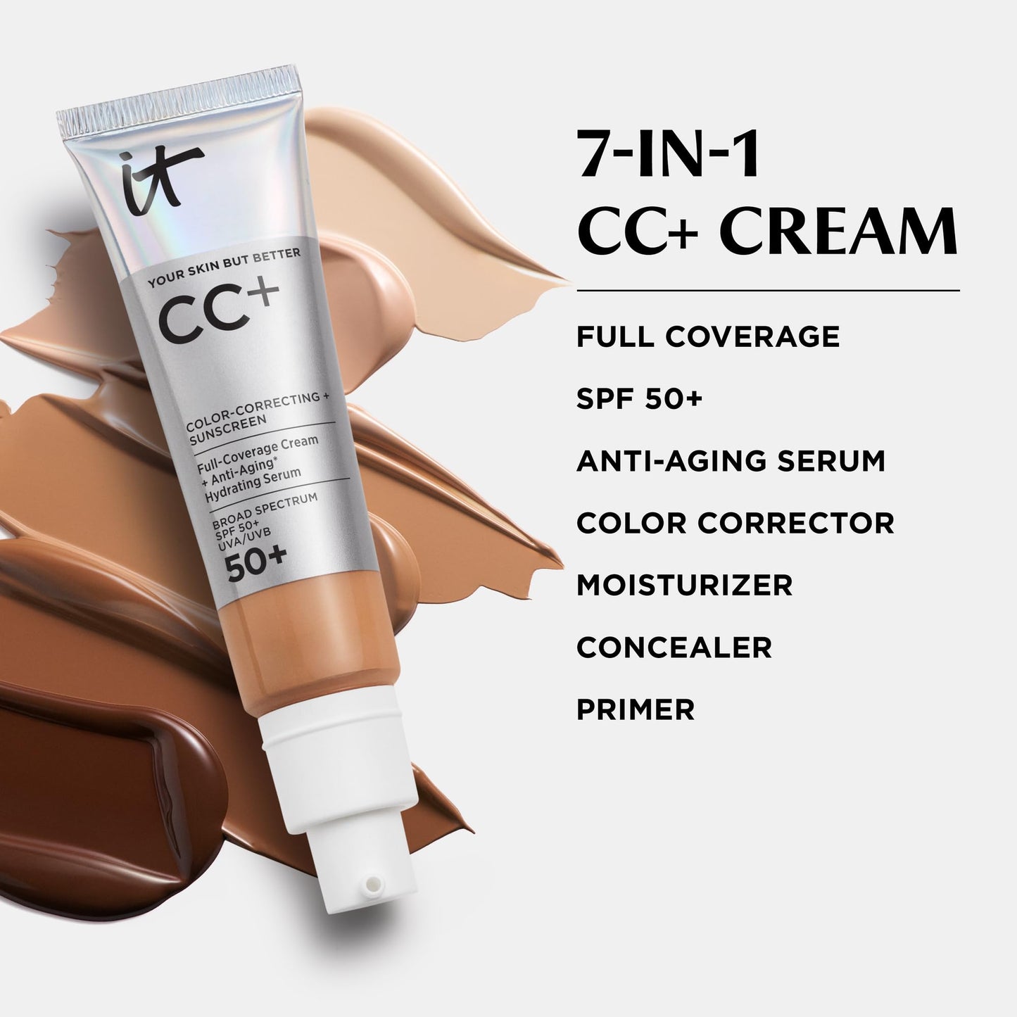 IT Cosmetics CC+ Cream Deep Bronze – SPF 50+ Full-Coverage Foundation with Hyaluronic Acid & Peptides