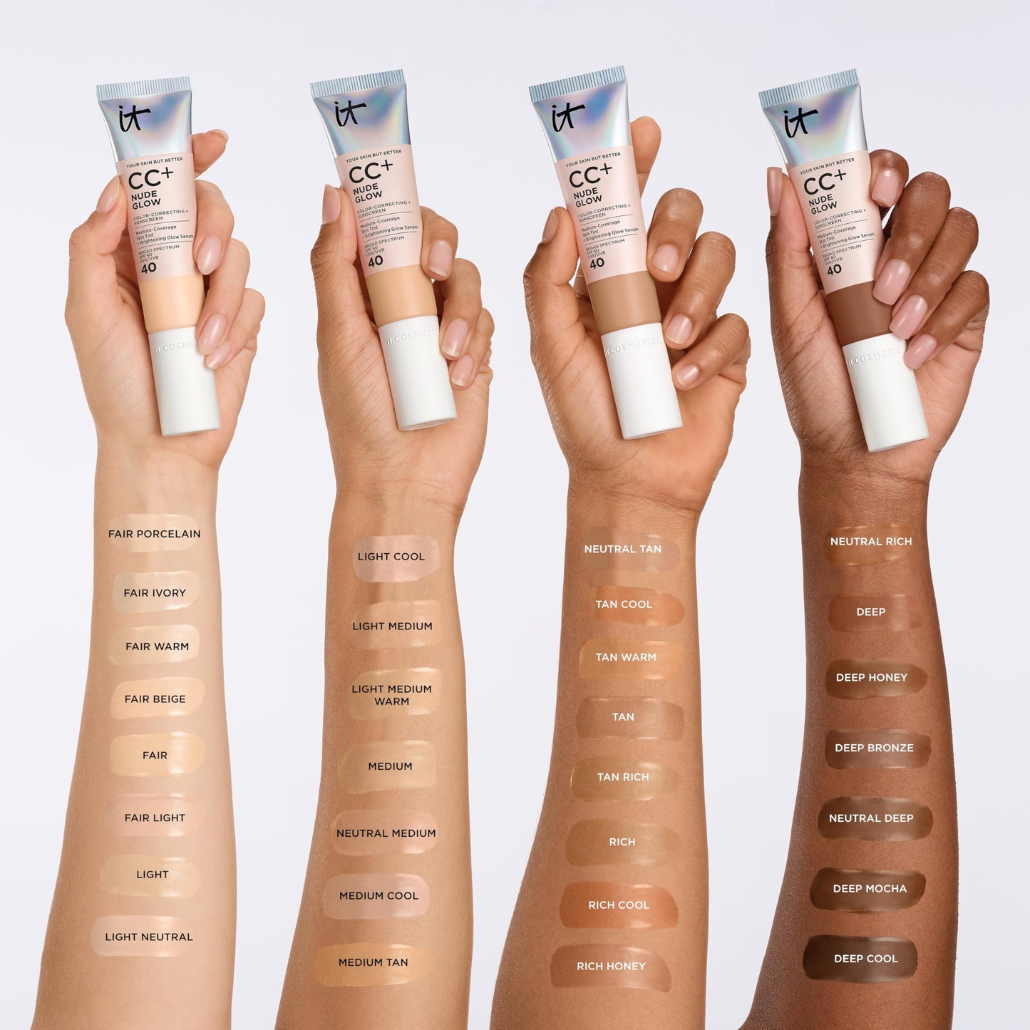IT Cosmetics CC+ Nude Glow — Light Medium Warm, SPF 40, 24H Hydration