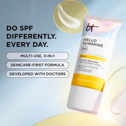IT Cosmetics Hello Sunshine Invisible Sunscreen SPF 50 — 3-in-1 Hydration, Primer & Clear SPF
