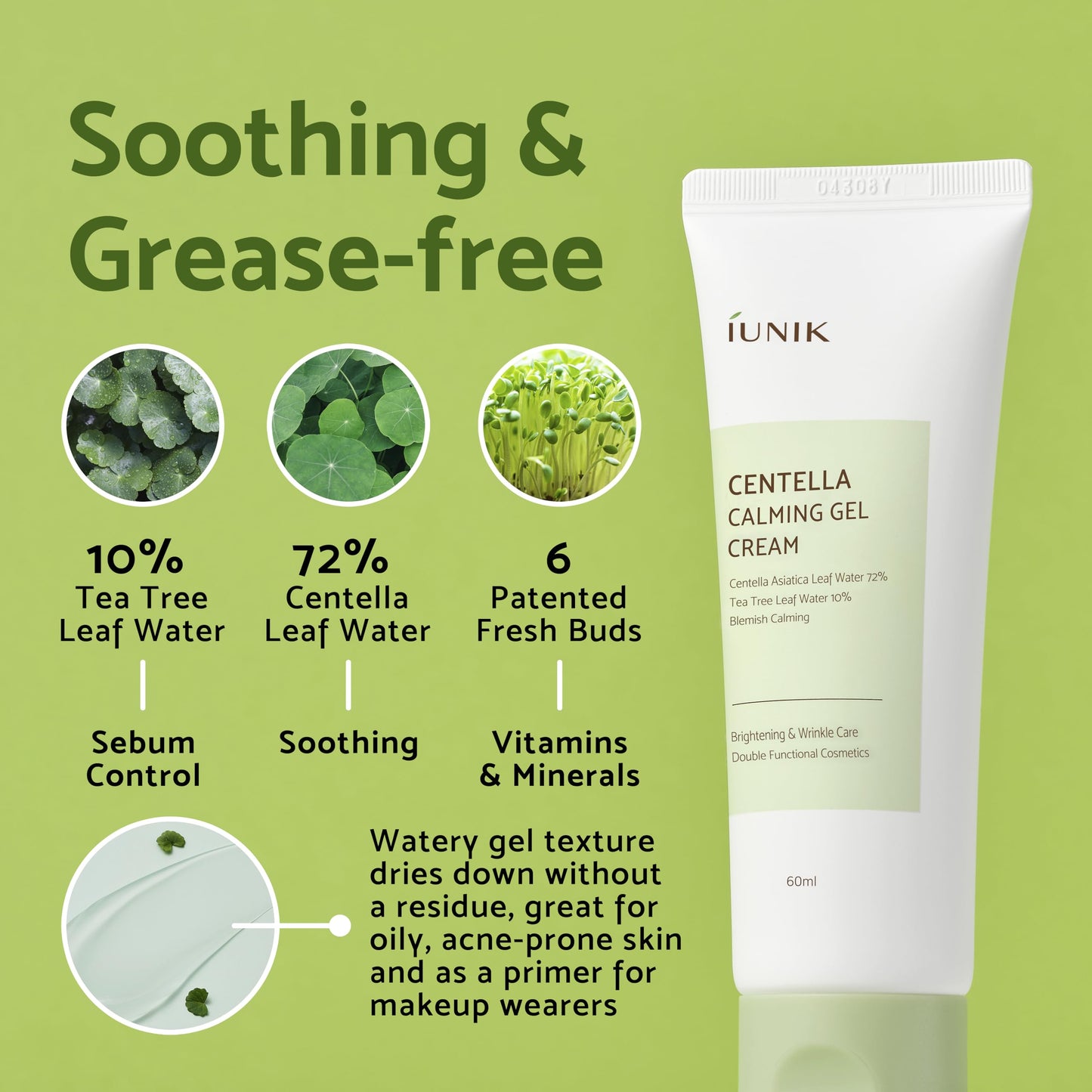 IUNIK Centella 70% Calming Gel Cream – Vegan, Non-Sticky Moisturizer for Oily & Sensitive Skin