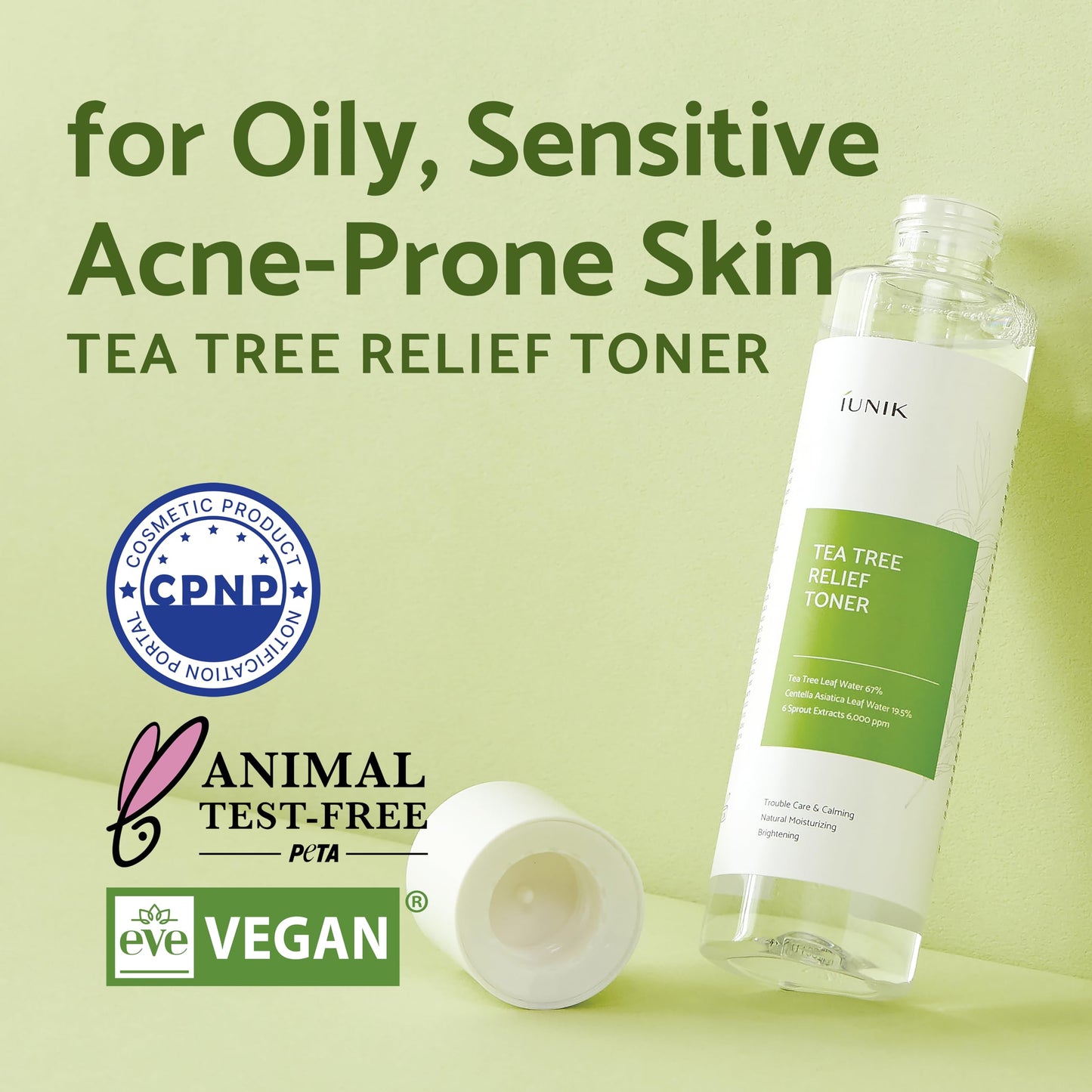 IUNIK Tea Tree Relief Toner – Vegan, Sensitive Skin, 67% Tea Tree Water + 19.5% Centella