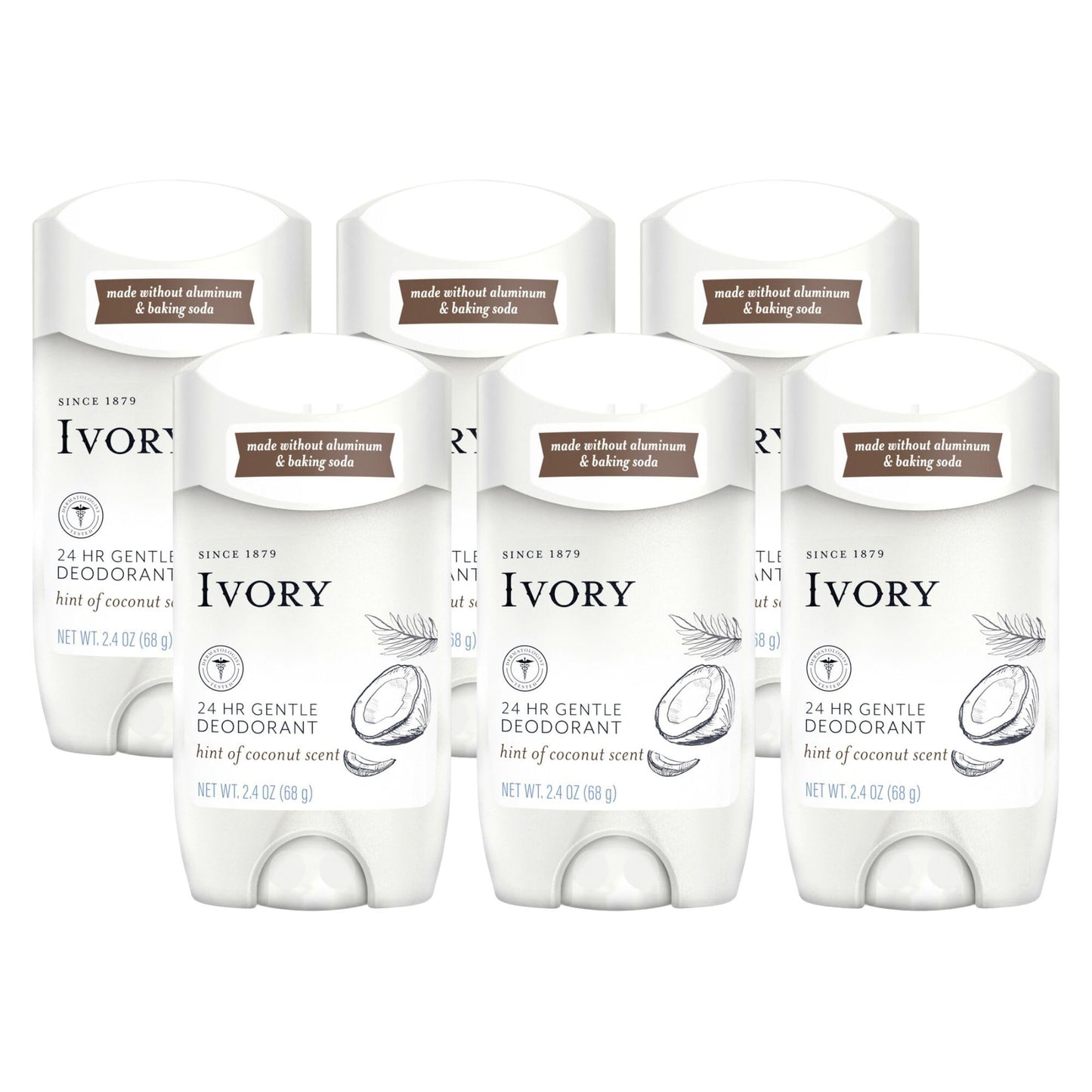 Ivory Aluminum Free Deodorant with Hint of Coconut — 24-Hour Gentle Odor Protection, 6-Pack