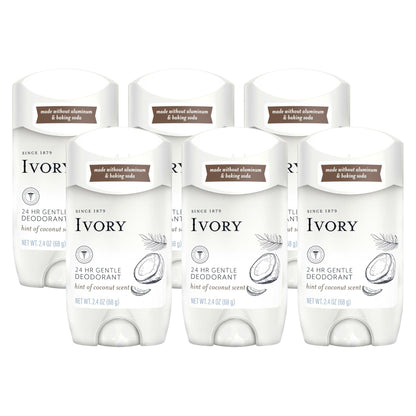 Ivory Aluminum Free Deodorant with Hint of Coconut — 24-Hour Gentle Odor Protection, 6-Pack