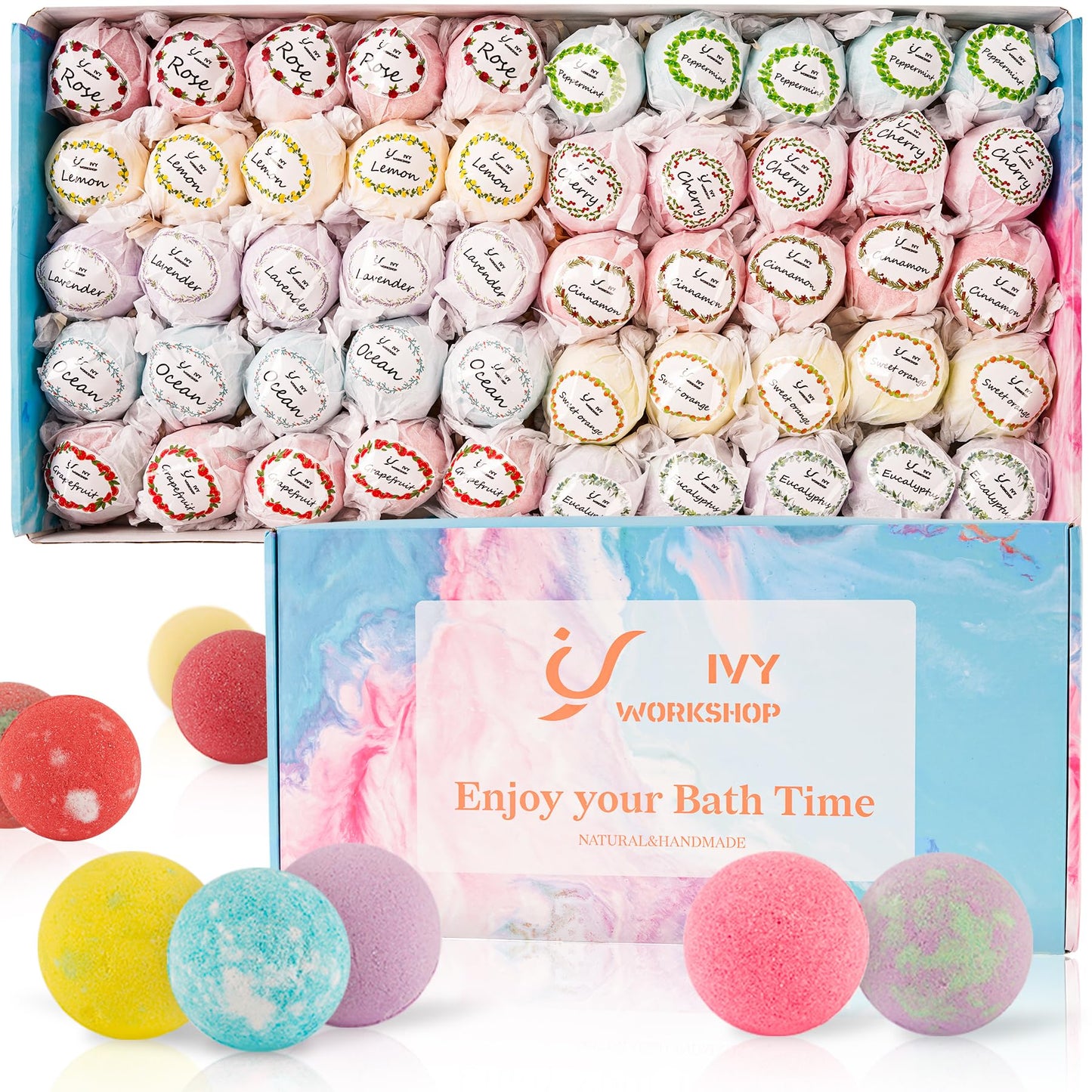 IvyWorkshop Bath Bombs Gift Set — 50 Pcs, 10 Scents, Natural Handmade Bubble Bath