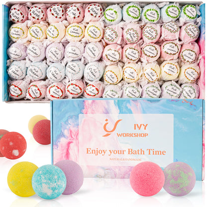 IvyWorkshop Bath Bomb Gift Set – 50 Natural Bubble Bath Bombs, 10 Scents, Handmade Spa Gift for Women