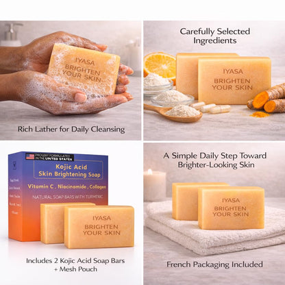 IYASA Kojic Acid Soap for Dark Spots – Turmeric Brightening Bar with Vitamin C, Retinol & Shea Butter | Evens Tone & Fades Hyperpigmentation | SGS-Tested, Steroid-Free (2 Pack)