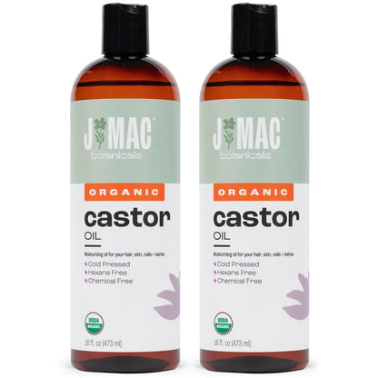 J Mac Botanicals Organic Castor Oil, Cold-Pressed (32 oz) – Two 16 oz Bottles, Hexane-Free for Face, Skin, Eyelashes