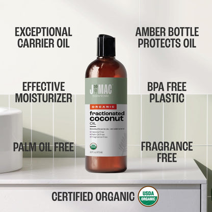 J MAC BOTANICALS Organic Fractionated Coconut Oil 16oz – Carrier Oil for Essential Oils, Hair & Skin