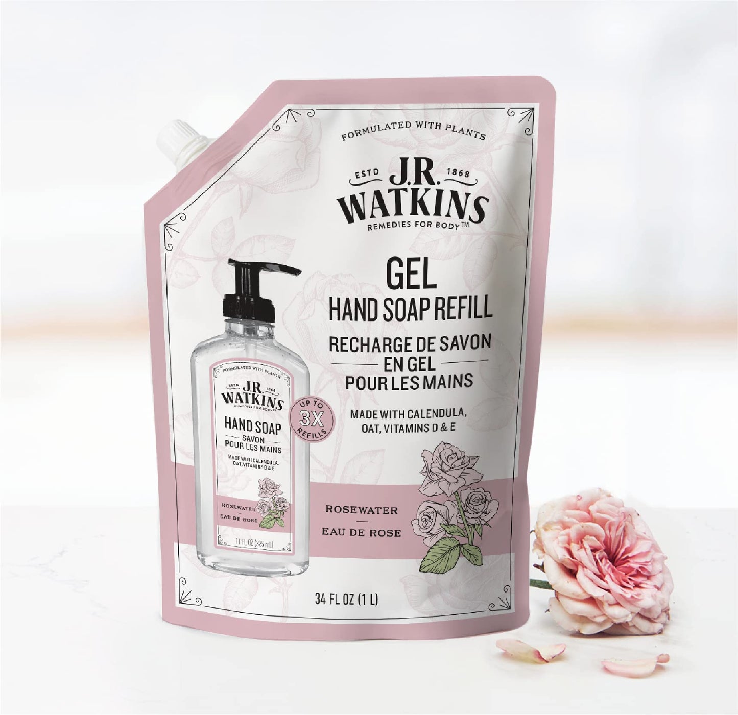 J.R. Watkins Rosewater Liquid Hand Soap Refill Pouch – 1 L
