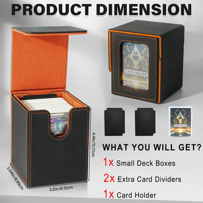 Jaffzora Card Deck Box for MTG Commander – Holds 100 Double-Sleeved Cards, PU Leather Magnetic Case (Black & Orange)