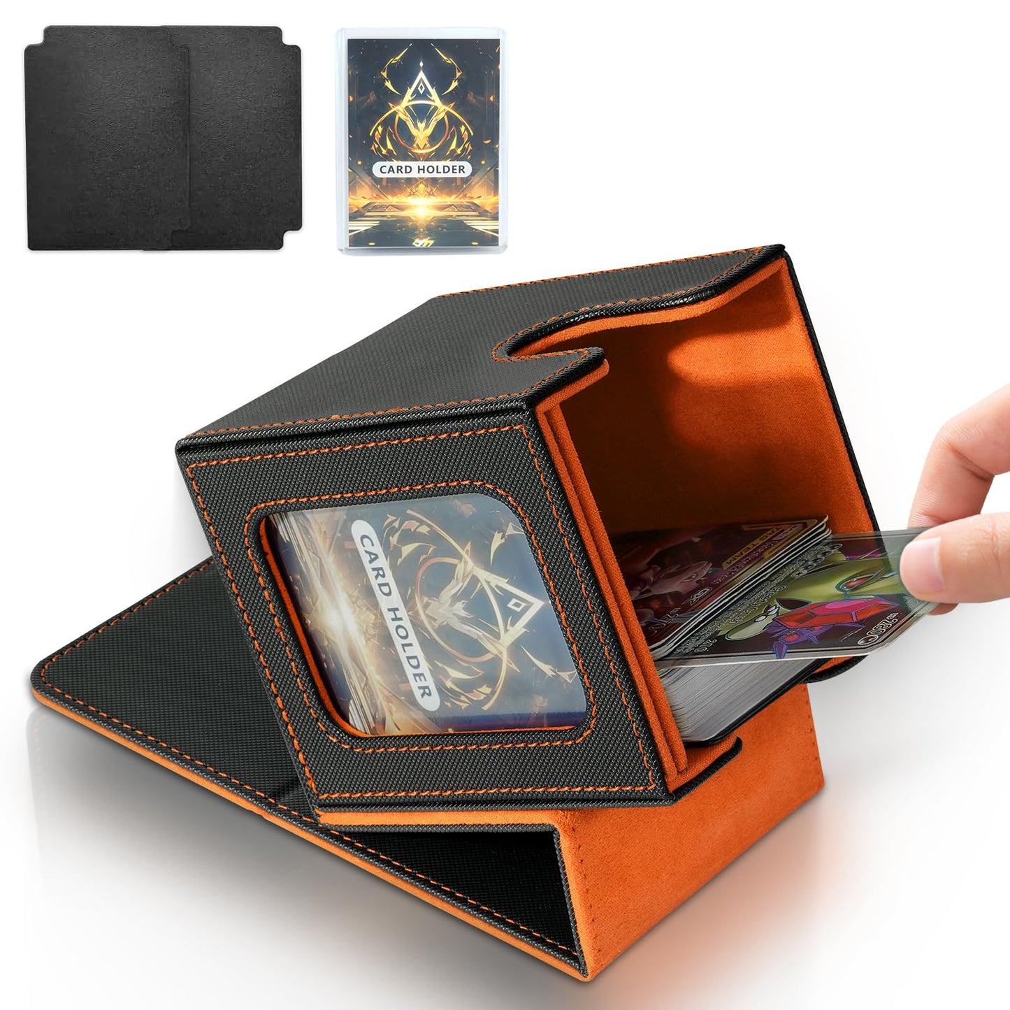Jaffzora Card Deck Box for MTG Commander – Holds 100 Double-Sleeved Cards, PU Leather Magnetic Case (Black & Orange)