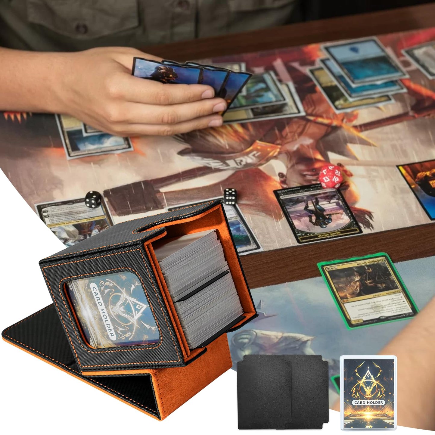 Jaffzora Card Deck Box for MTG Commander – Holds 100 Double-Sleeved Cards, PU Leather Magnetic Case (Black & Orange)