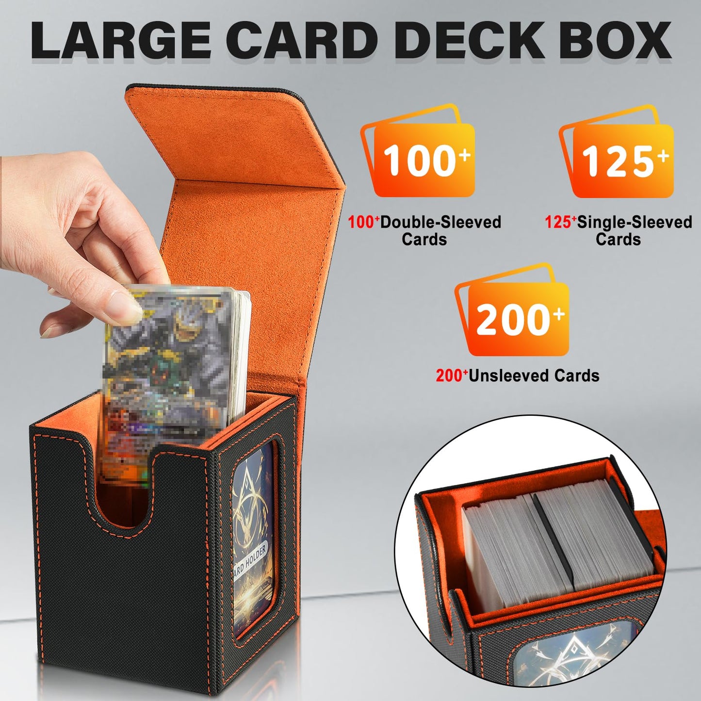 Jaffzora Card Deck Box for MTG Commander – Holds 100 Double-Sleeved Cards, PU Leather Magnetic Case (Black & Orange)