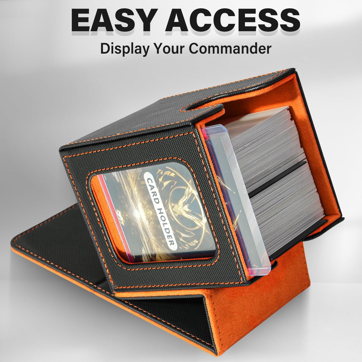 Jaffzora Card Deck Box for MTG Commander – Holds 100 Double-Sleeved Cards, PU Leather Magnetic Case (Black & Orange)