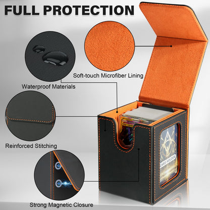 Jaffzora Card Deck Box for MTG Commander – Holds 100 Double-Sleeved Cards, PU Leather Magnetic Case (Black & Orange)