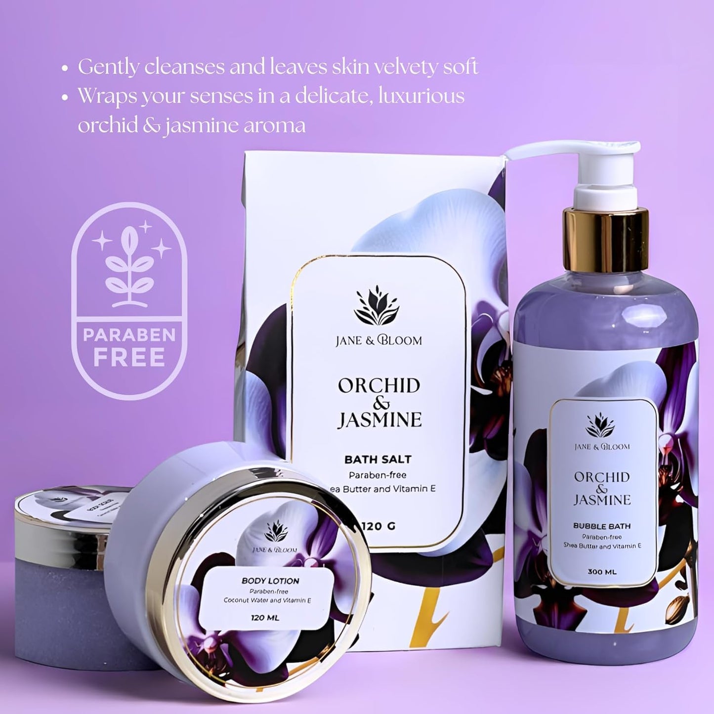 Jane & Bloom Orchid & Jasmine 9-Piece Bath Gift Set – Luxury Spa at Home | Christmas Gift for Women