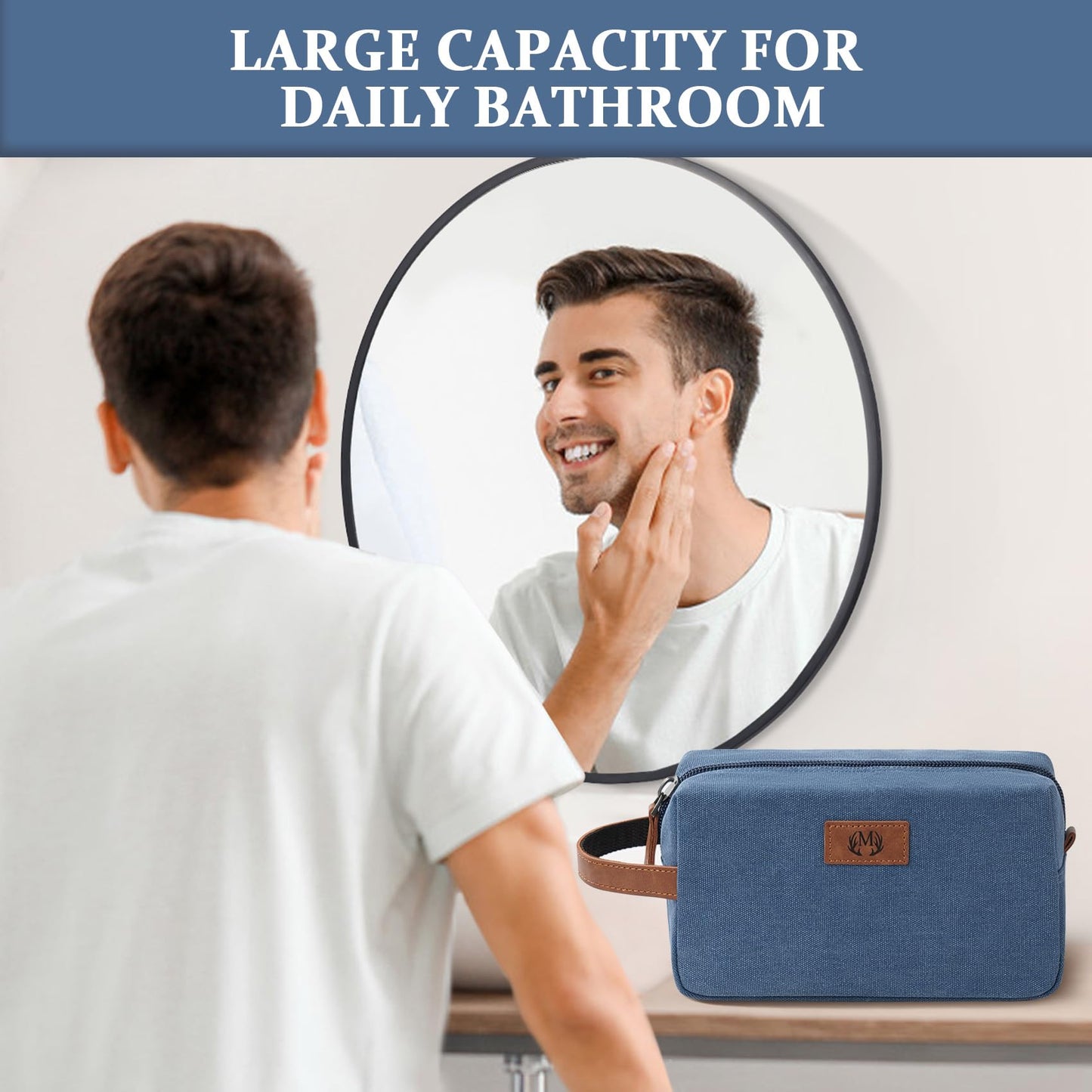 Janhavi Waterproof Canvas Dopp Kit with Engraved Initials & Wheat Ear – Blue Z