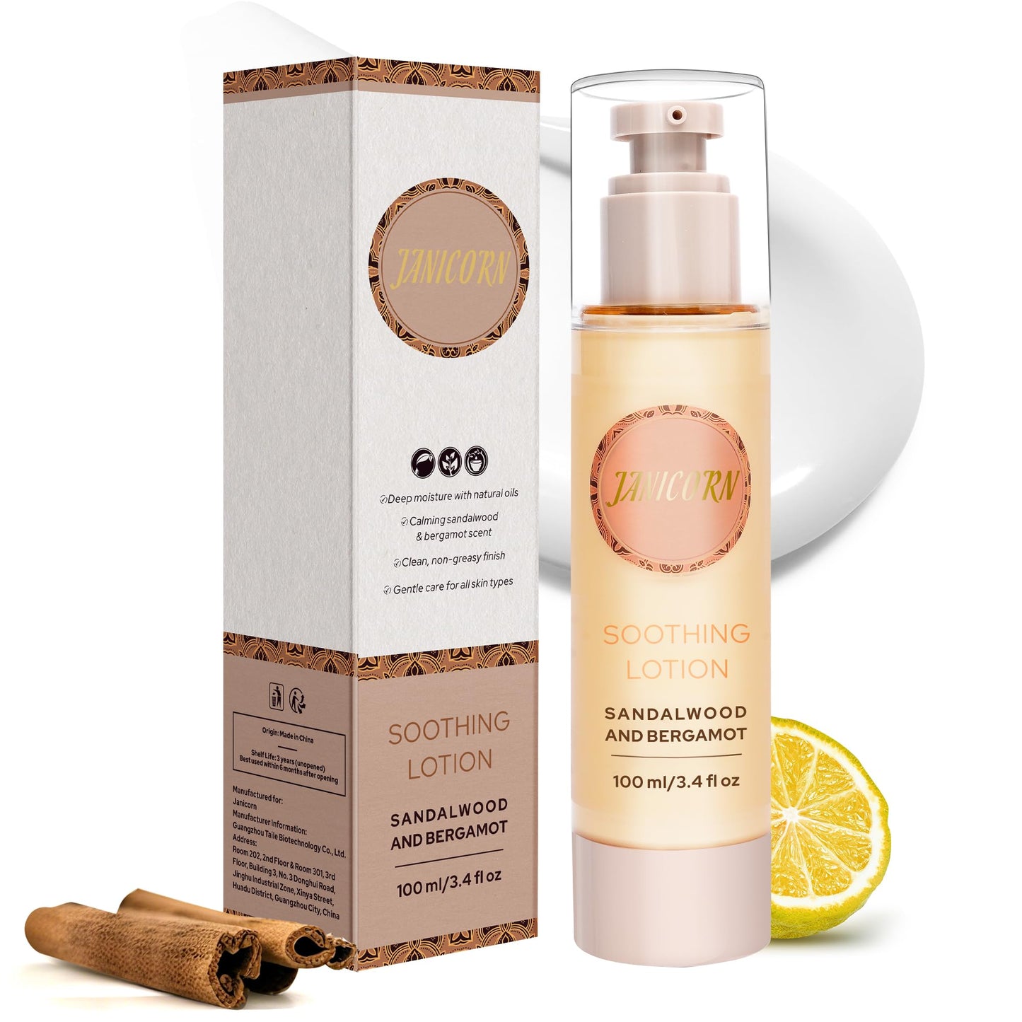 JANICORN Sandalwood & Bergamot Aromatherapy Lotion – Lightweight Hydration for Massage & Self-Care (3.4 fl oz / 100 ml)