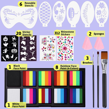 Janolia Rainbow UV Face Paint Kit – Water-Activated Split Cake for Kids’ Halloween, Carnival & Easter