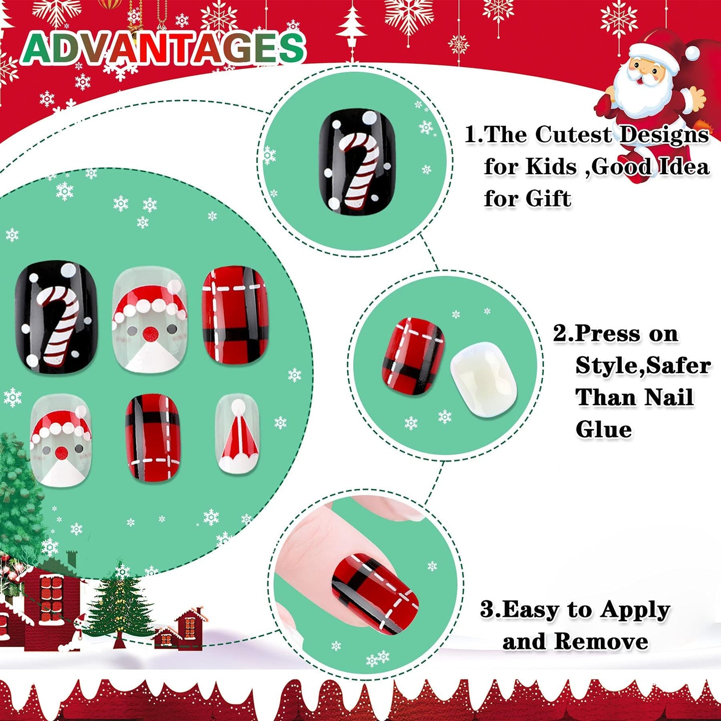 JANYUN Christmas Kids False Nails – 96 Pcs Stick-On Nails for Festive Short Nail Art
