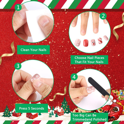 JANYUN Christmas Kids False Nails – 96 Pcs Stick-On Nails for Festive Short Nail Art