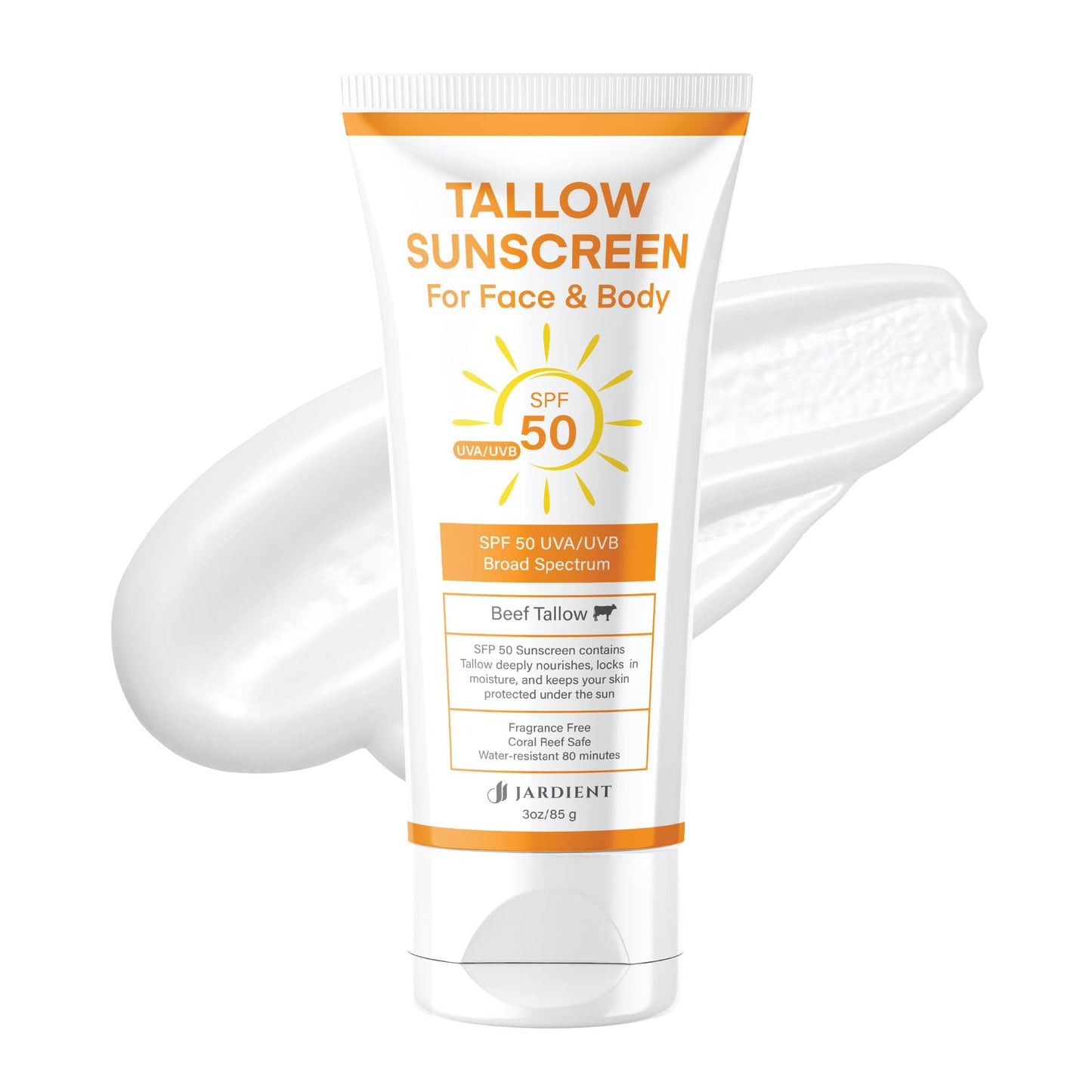 Jardient Beef Tallow Sunscreen SPF 50+ | Mineral, Non-Greasy, Non-Nano Zinc Oxide – 3 oz (85 g)