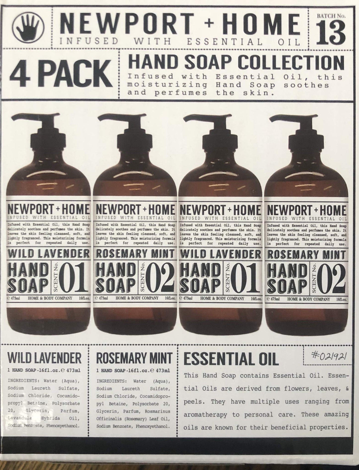 JAROFUREL Newport Home Hand Soap — 4 Refillable 16oz Bottles (2 Rosemary Mint, 2 Wild Lavender)