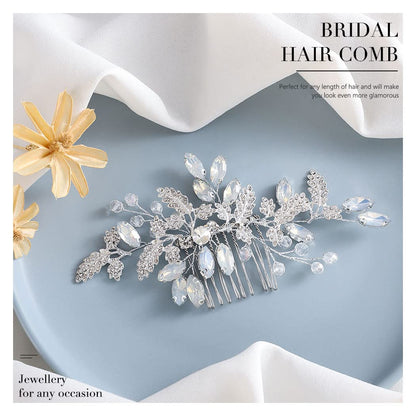 JEAIRTS Leaf Wedding Hair Comb – Rhinestone & Opal Bridal Headpiece (Silver)