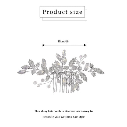 JEAIRTS Leaf Wedding Hair Comb – Rhinestone & Opal Bridal Headpiece (Silver)