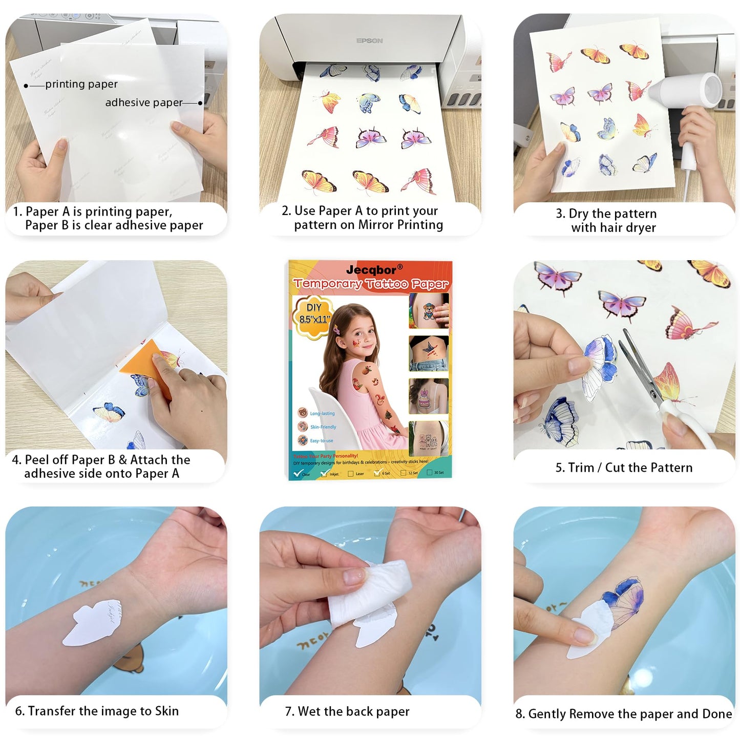 Jecqbor Printable Temporary Tattoo Paper for Inkjet Printer – 12-Pack 8.5x11
