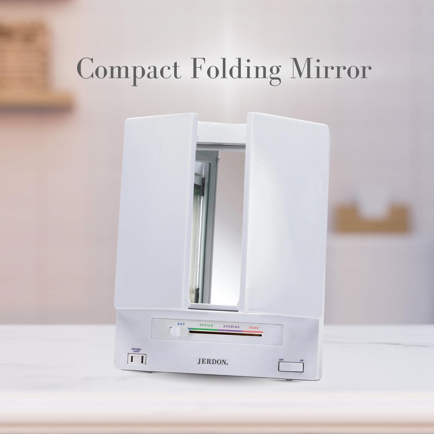 JERDON Tri-Fold Two-Sided Makeup Mirror with Lights — 5X Magnification & 4 Light Settings — White Base (Model JGL9W)