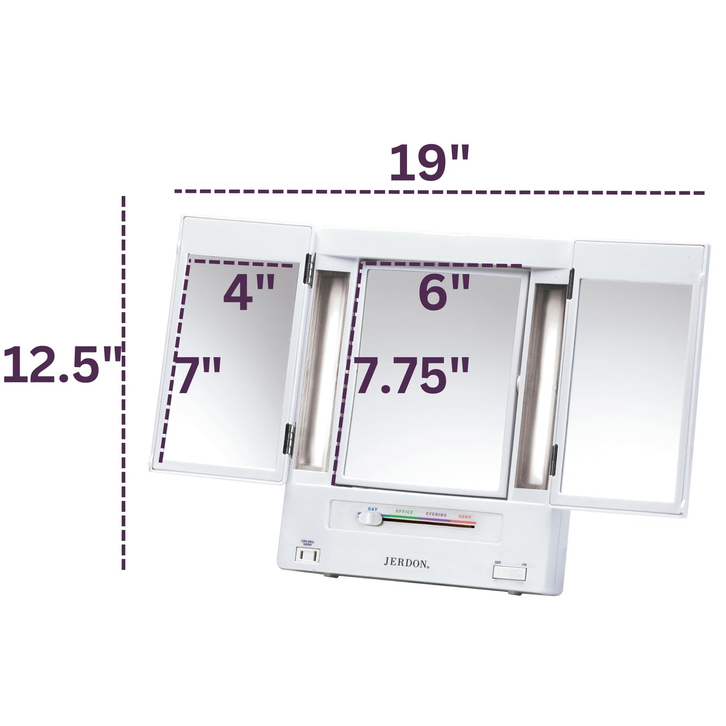 JERDON Tri-Fold Two-Sided Makeup Mirror with Lights — 5X Magnification & 4 Light Settings — White Base (Model JGL9W)