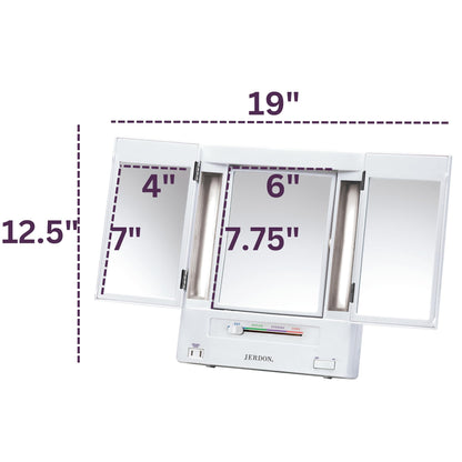 JERDON Tri-Fold Two-Sided Makeup Mirror with Lights — 5X Magnification & 4 Light Settings — White Base (Model JGL9W)