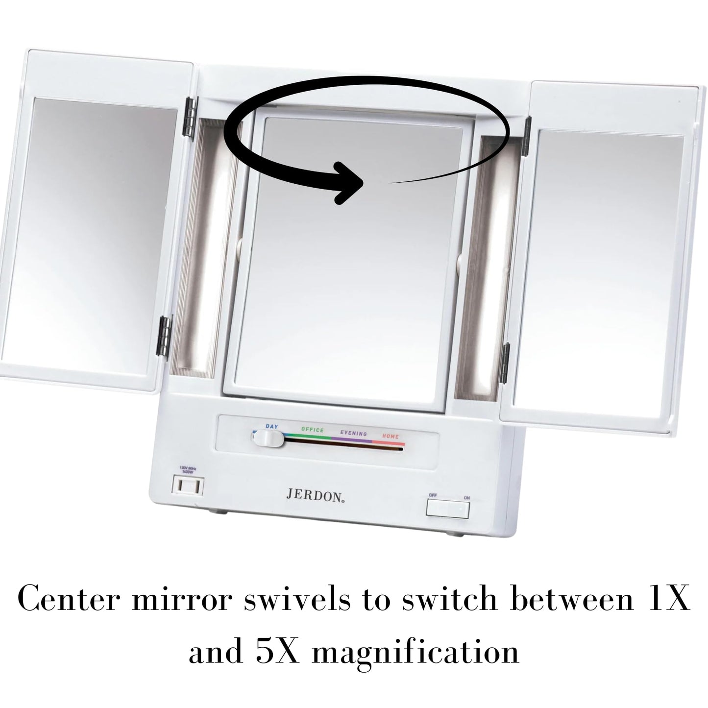 JERDON Tri-Fold Two-Sided Makeup Mirror with Lights — 5X Magnification & 4 Light Settings — White Base (Model JGL9W)