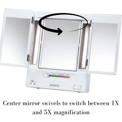 JERDON Tri-Fold Two-Sided Makeup Mirror with Lights — 5X Magnification & 4 Light Settings — White Base (Model JGL9W)