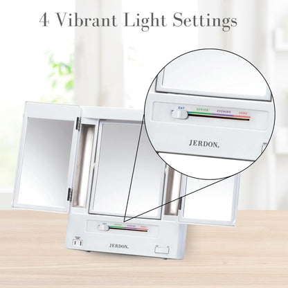 JERDON Tri-Fold Two-Sided Makeup Mirror with Lights — 5X Magnification & 4 Light Settings — White Base (Model JGL9W)