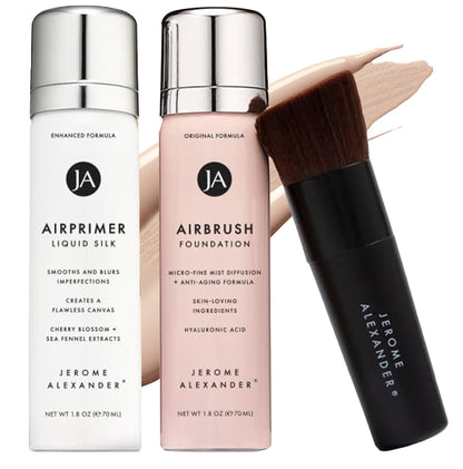 MagicMinerals AirBrush Foundation Set by Jerome Alexander – 3pc Kit with Primer, Foundation & Kabuki Brush (Light)