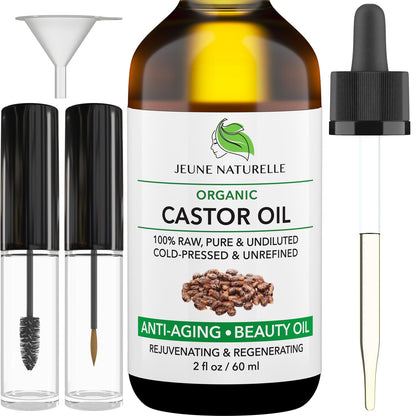 Jeune Naturelle Organic Castor Oil – Cold-Pressed, Unrefined, Hexane-Free, 2 oz for Hair, Lashes & Brows