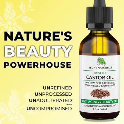 Jeune Naturelle Organic Castor Oil – Cold-Pressed, Unrefined, Hexane-Free, 2 oz for Hair, Lashes & Brows