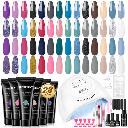 JEWHITENY 28-Color Poly Nail Gel Kit with UV Lamp – All-in-One Set