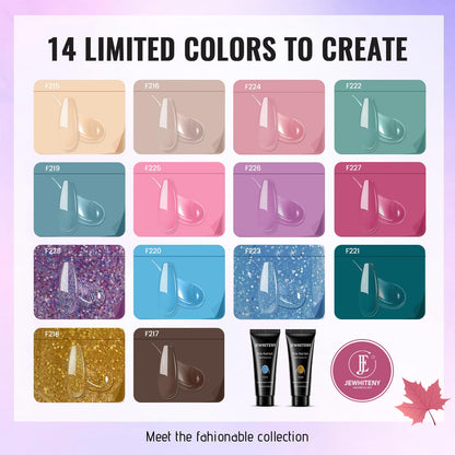 JEWHITENY Poly Gel Nail Kit – 14 Colors, 48W UV Lamp, Base & Top Coats, All-in-One Starter Kit