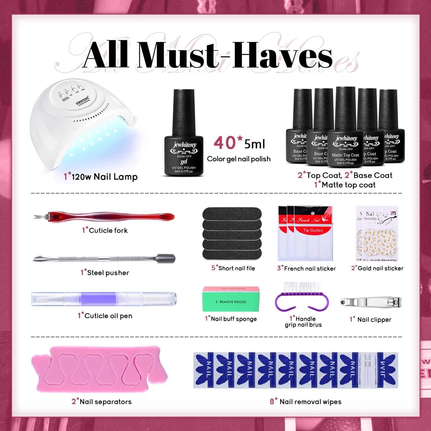 JEWHITENY 45PCS Gel Nail Kit with 48W UV LED Lamp – 40 Colors