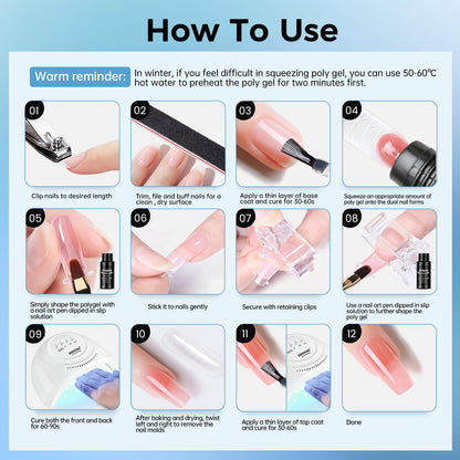 JEWHITENY Poly Nail Gel Kit – 14 Colors, 48W UV/LED Lamp, All-in-One DIY Gel Nails at Home