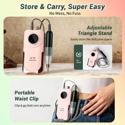 JEWHITENY SG707 Nail Drill — 35000 RPM Rechargeable Electric Nail File with 6 Bits
