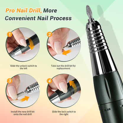 JEWHITENY SG707 Nail Drill — 35000 RPM Rechargeable Electric Nail File with 6 Bits