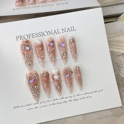 JIEADJIE Press On Nails – 100% Handmade, Long Dripping Blusher (Medium) Luxury Nail Art