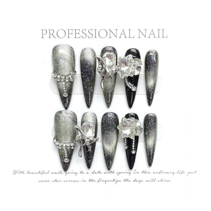 JIEADJIE Press On Nails (100% Handmade) – Length Version | Handmade Painted Nail Art by Nail Technician | Luxury Party & Holiday Styles (Black Flash Silver, Medium)