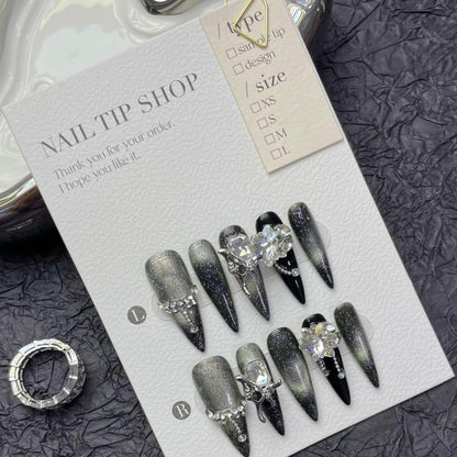 JIEADJIE Press On Nails (100% Handmade) – Length Version | Handmade Painted Nail Art by Nail Technician | Luxury Party & Holiday Styles (Black Flash Silver, Medium)