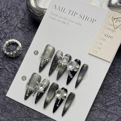 JIEADJIE Press On Nails (100% Handmade) – Length Version | Handmade Painted Nail Art by Nail Technician | Luxury Party & Holiday Styles (Black Flash Silver, Medium)